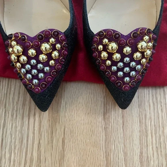 Christian Louboutin Coralta Mia Glitter Black/Velour Jeweled Heart 100Black 39